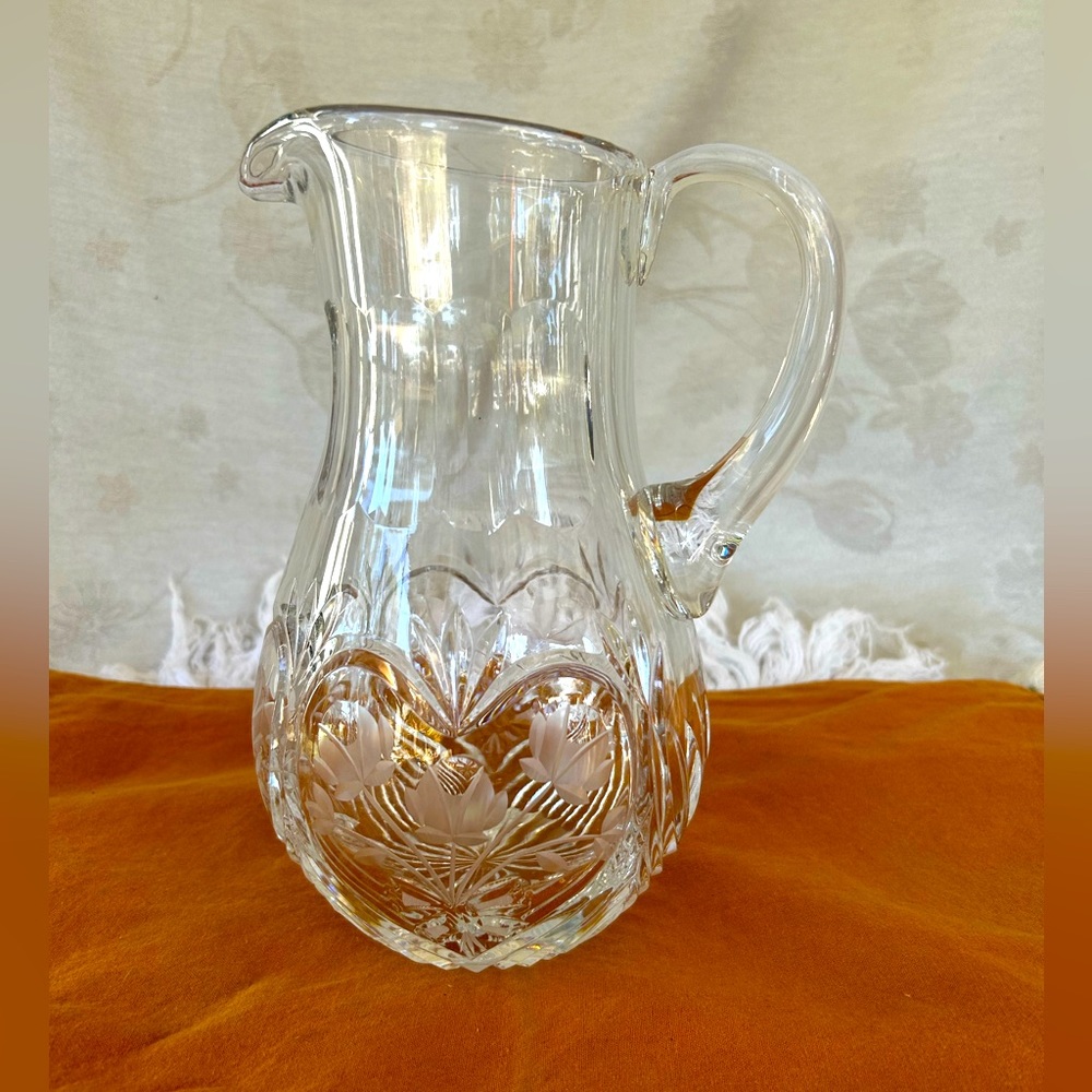 “Arabella” Pattern Crystal Hand Cut Pitcher from Poland w/ Floral Pattern